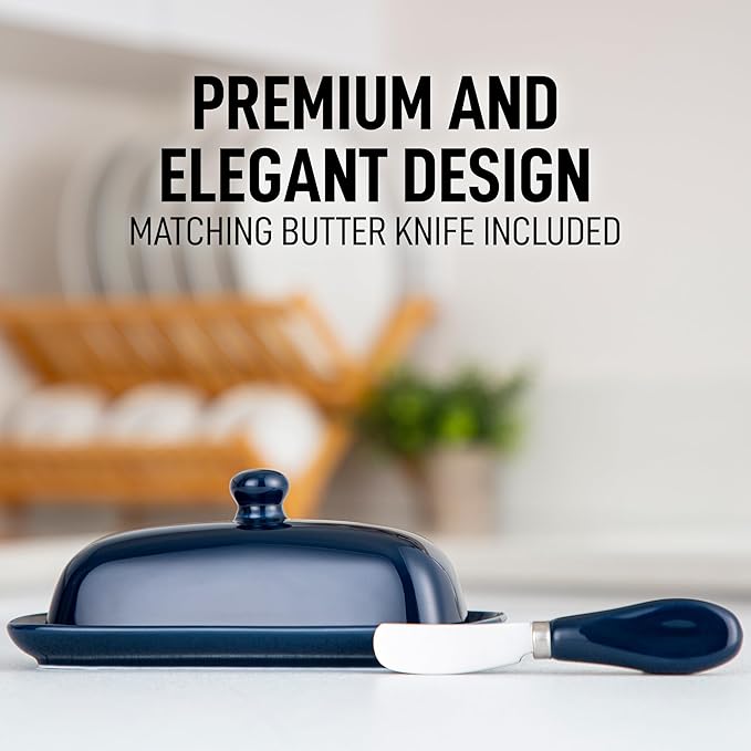 Zulay Butter Dish With Lid For Countertop - Porcelain Blue, Ceramic Butter Dish with Knob Handle Great for Cooking - Elegant Design Butter Holder - Durable & Sturdy Butter Keeper - Dark Blue