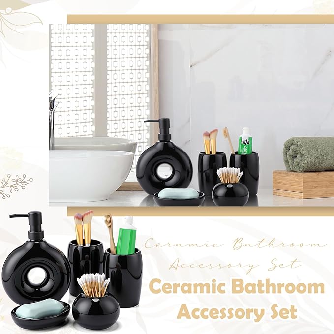 5 Pcs Ceramic Bathroom Accessories Set Includes Soap Dispenser Toothbrush Cup Holder Soapbox Holder Stylish Modern Bathroom Matte Glaze Decor (Black)