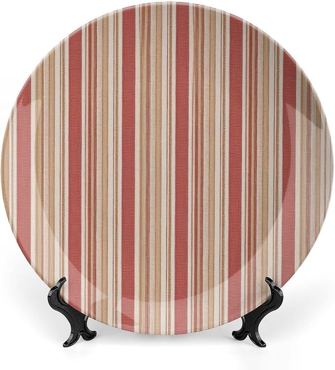 Red And White Classic Stripe Plates Ceramic Decor for Table Display Wedding Customize Birthday Idea Gifts Hand Painted Wall Hanging Decor with 1 Display Stand, Multi Sizes by Choosing