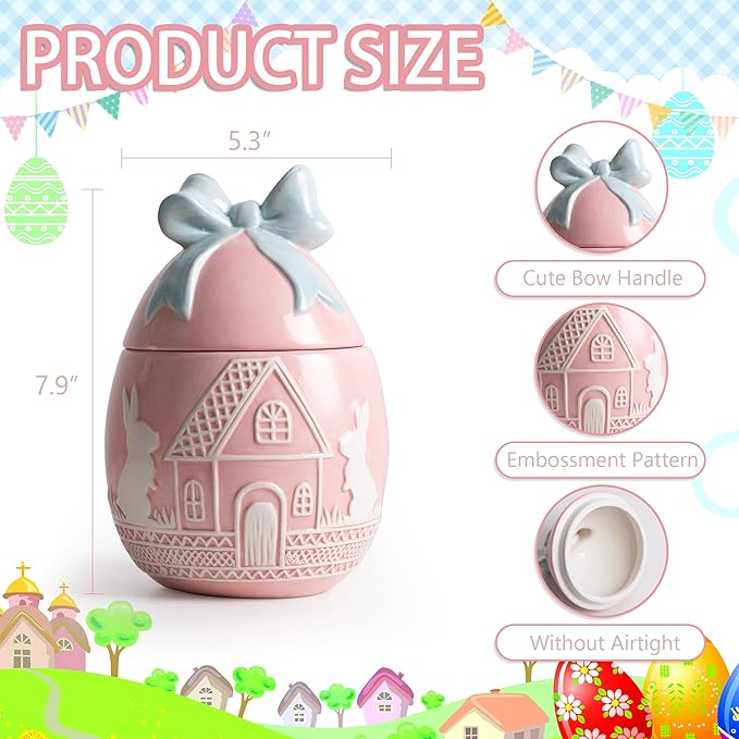 Easter Bunny Cookie Jar with Lid, Pink Egg Candy Jar, Embossment Bunny Decorative Ceramic Storage Container Jar, Pink Easter Bunny Egg Decorations for Home Kitchen Indoor Best Easter Gift