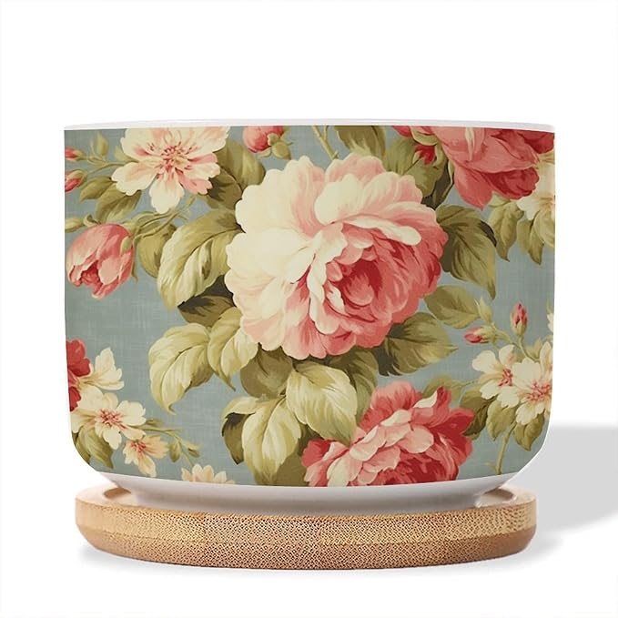 Pink Cabbage Roses Romantic Small Ceramics Planters Set of 2 Cottage Chic Antique Pink Flower Ceramics Pots for Plants Traditional Chinese Chinoiserie Cactus Planter for Indoor