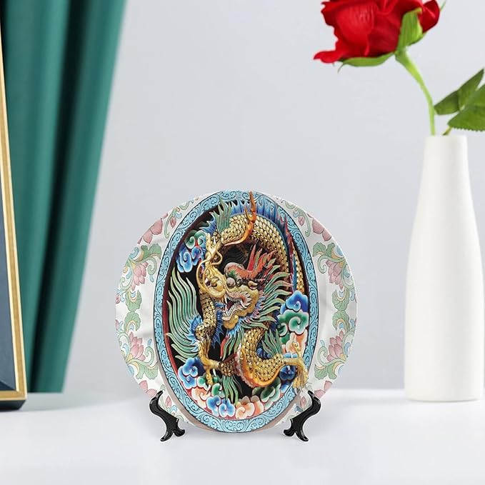 XISUNYA 7 Inch Decorative Plate, Dragon Round Porcelain,Ancient Chinese Animal Motif Print Ceramic Wall Hanging Decor Accessory for Dining Table Tabletop Home Decor