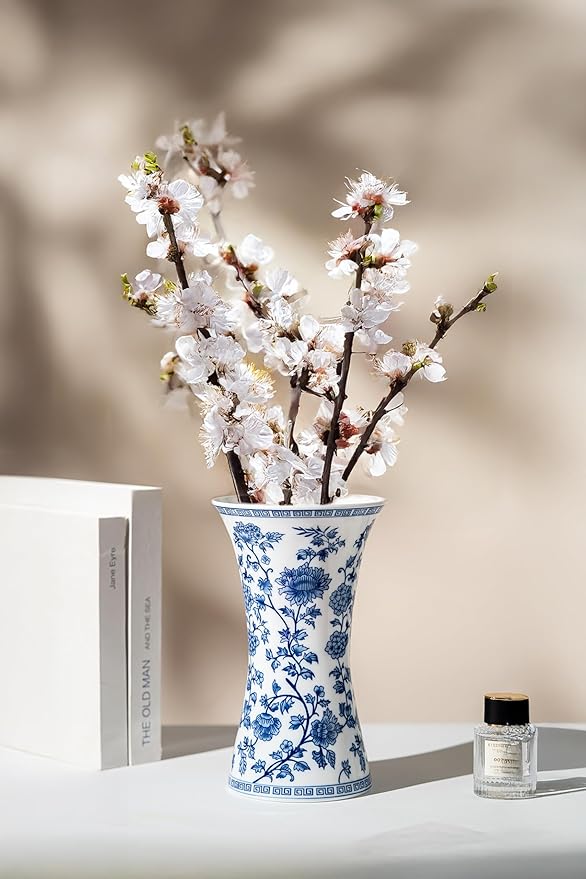 Modern Blue and White Porcelain Vase - Chinoiserie Ginger Jar for Home Decor, Floral Arrangement, 11-Inch Height Handcrafted Ceramic Vase
