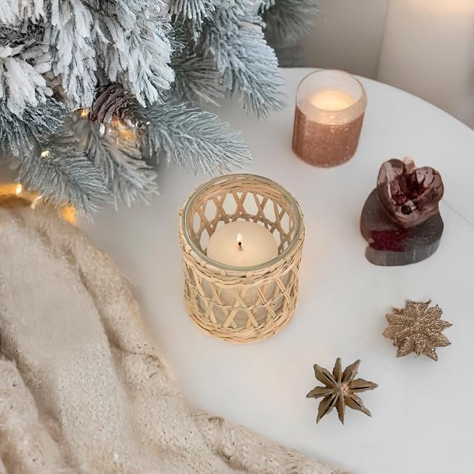 Rustic Cattail Woven Tea Light Holder, Seagrass Glass Candle Holder, Table Candle Holder Decor, Vintage Candlestick Holders, Wicker Tea Light Holder, Farmhouse/Home Decor (Original Color - 2 Pack)