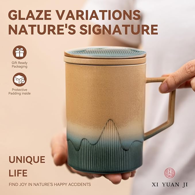 Ceramic Tea Mug with Infuser & Lid, 15oz Kiln-Transformed Unique Cup – Nature's Artisan Design, Loose Leaf Tea Cup with Infuser, Insulated Ceramic Coffee Mugs with Lid, Gift for Women/Men