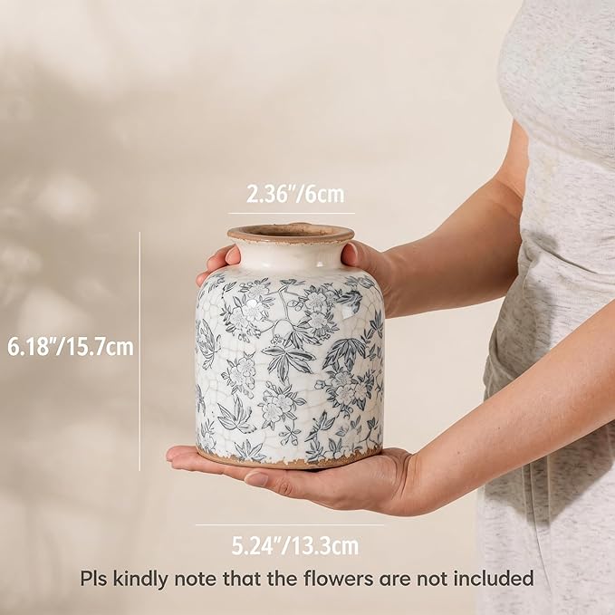 Gray Peach Blossom Chinoiserie Vase, 6.2” Crackle Glaze Ceramic Vase, Hand-Painted Vintage Floral Vase with Distressed Rim, Antique Style Decor for Bookshelf, Tabletop (Gray, 6.2”)
