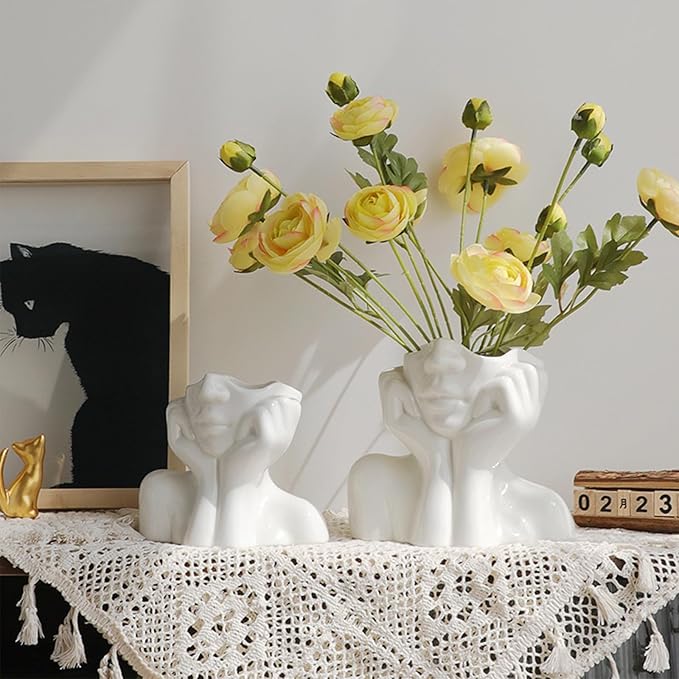 Ceramic Face Vase - Cute Half-Body Female Head Planter for Flowers, Modern Farmhouse Decor - Perfect for Desk, Table & Bookshelf, Home Accent (Small)