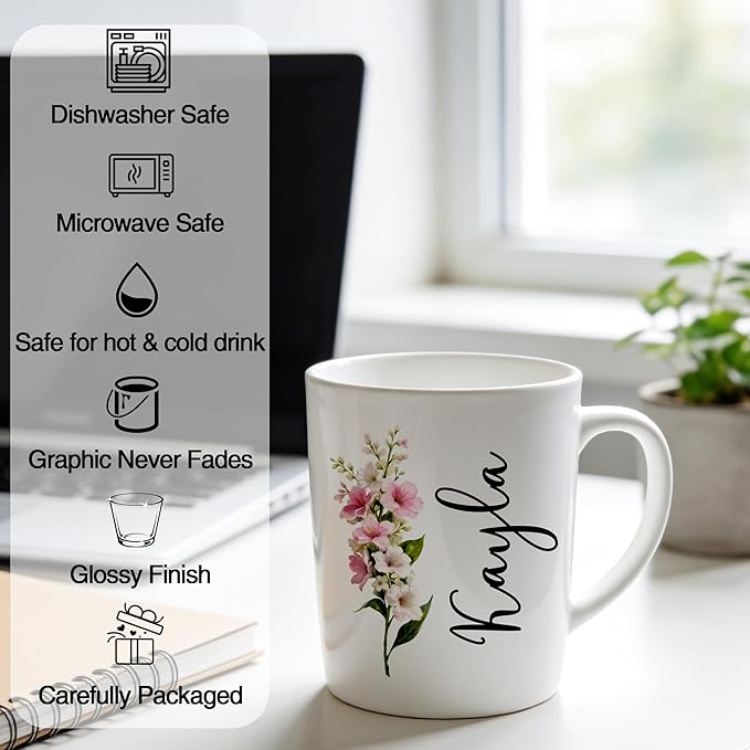 Custom Coffee Mug with Birth Flower & Name - 11oz Large Ceramic Personalized Coffee Cup for Women, Pretty Floral Tea Mugs Gift for Mom Wife Grandma Daughter Sister Coworker Best Friend Birthday