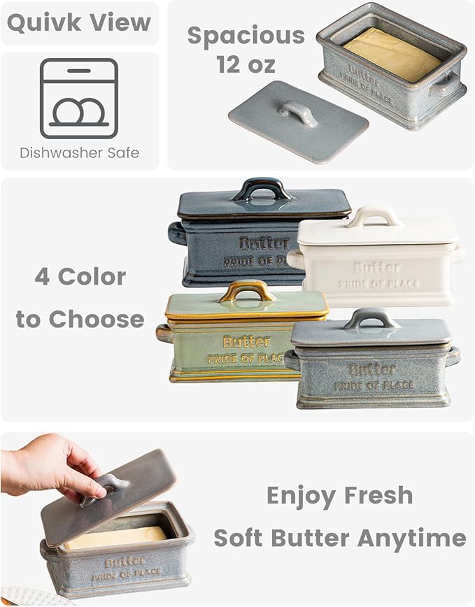 Butter Dish with Lid, Ceramic Butter Holder Container Large Butter Dish for Countertop Farmhouse Mother's Day Kitchen Decor Butter Keeper for East West Coast Butter, Gray