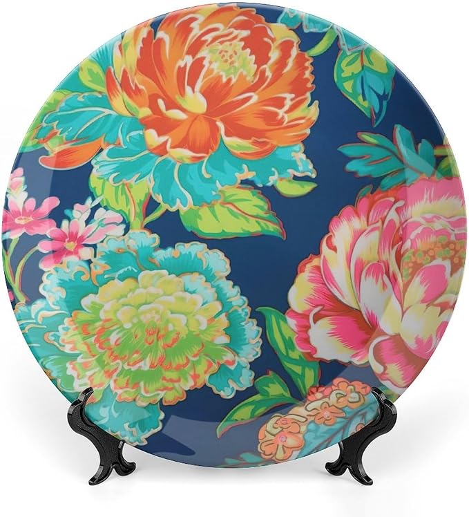 Navy Blue And Red Chinoiserie Peony Floral China Plates for Display Vintage Peony Flower Festival Household Supplies Display Home Holiday Party Decorations Customize Gifts for Men Women Christmas