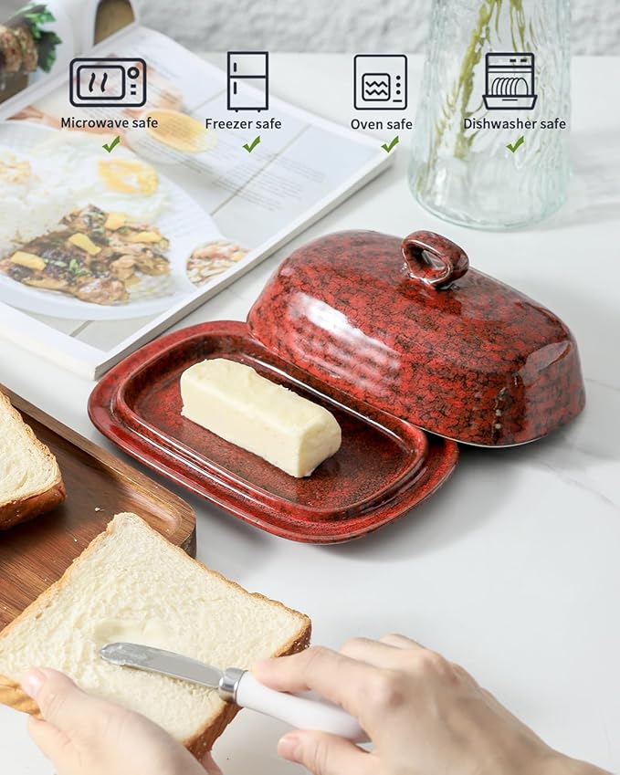 Hasense Butter Dish with Lid for Countertop and Refrigerator, Ceramic Butter Holder Container with Handle Cover, Porcelain Butter Tray Perfect for East West Coast Butter Stick, Dishwasher Safe, Red