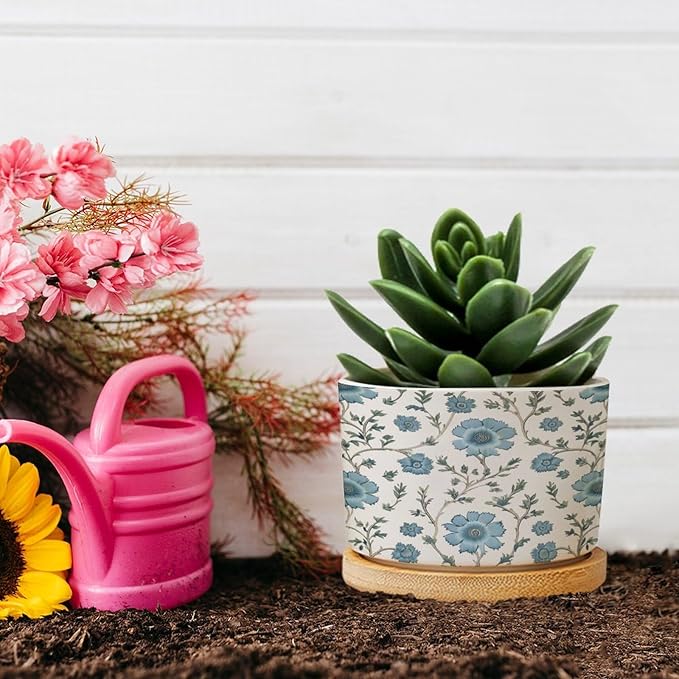 Mughal Flower in Planter Ceramic Blue Floral Round Flower Pots with Drainage Holes and Bamboo Tray Pot for Succulents Cactus Garden Windowsill