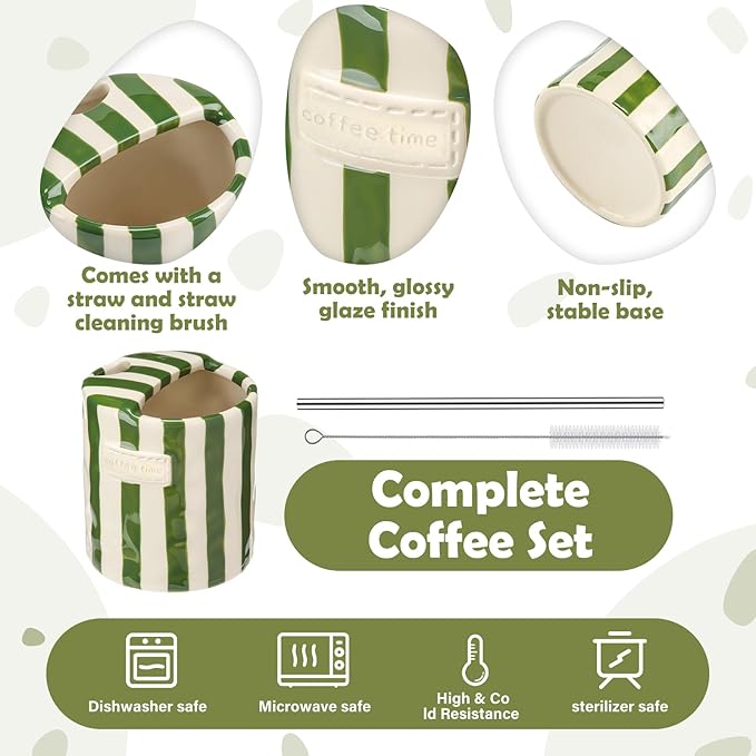 1 Pack Ceramic Coffee Mug with Sip Hole Espresso Cup 10oz with Straws Retro Hand Painted Striped Porcelain Coffee Tea Cup Cappuccino Latte Mug for Kitchen Dining Travel (Green)