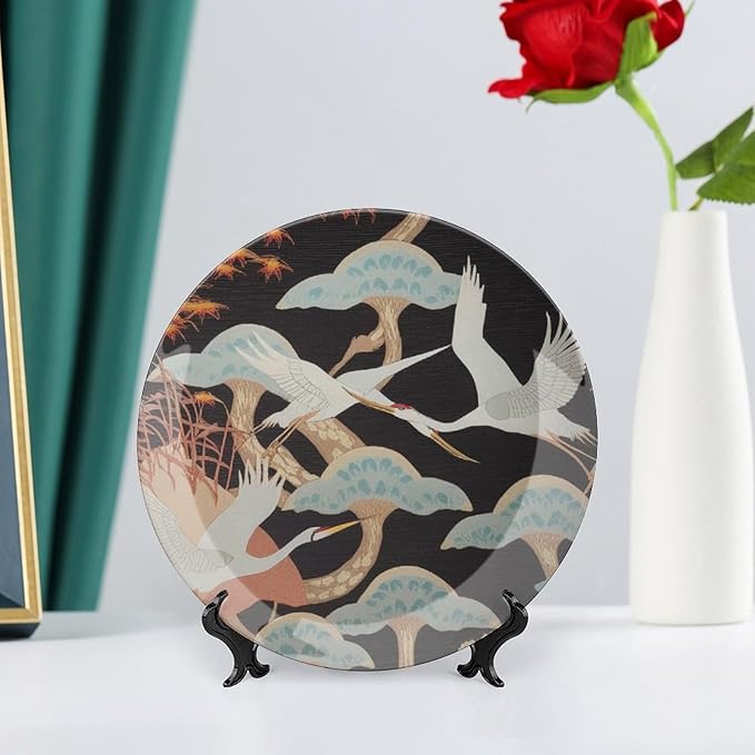 Japanese Crane Asian Oriental Birds China Plates, Custom Heron Floral Autumn Leaves Branch Ceramic Salad Plates, Housewarming Gifts Art Decoration Decorations Club, Unique Art with Stand