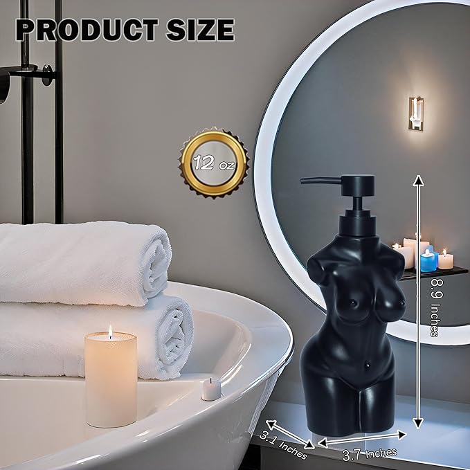 Ceramic Girl Soap Dispenser,Lotion and soap Dispenser Set Refillable Liquid Hand Soap Dispenser for Bathroom and Kitchen (Black)