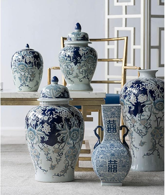 A&B Home 23" Tall Porcelain Vase with Lid Ceramic Blue and White Floral Print Ginger Jar Display Storage Asian Decor Centerpiece