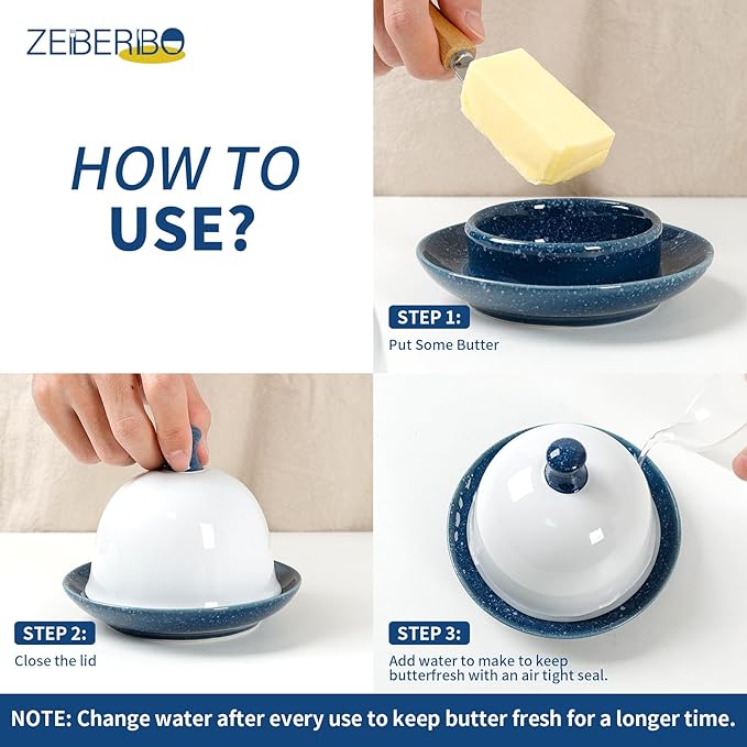 Butter dish, Ceramic Small Butter Dish with Lid, 2026 NEW Original Design Mini Butter Crock Keeper with Handle, 17 OZ Mini Butter Container Cover and Water Sealing 2 Ways Sealing (Blue)