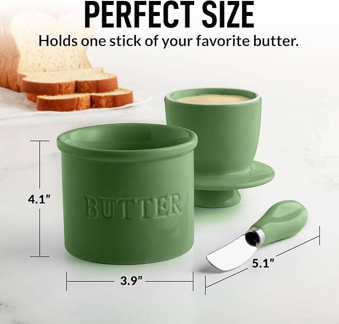 Zulay Kitchen Bell Shaped Butter Crock with Lid for Countertop with Water Line & Spreader Knife, Ceramic French Butter Dish Keeper For Fresh, Soft & Spreadable Butter - Olive Green