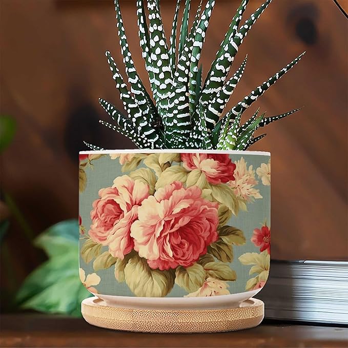 3 Piece Ceramics Planter Pink Cabbage Roses Romantic Small Pots for Succulents Cottage Chic Antique Pink Flower Houseplant Pot for Succulent Japanese Chinoiserie Plant Pot