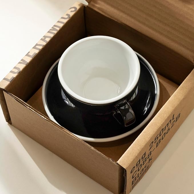 Loveramics Cappuccino Cup with Saucer, 8 oz Ceramic Coffee cup with Round Bottom for Cappuccino, Latte, Tea, Espresso, Thick-walled Stoneware Cup Set for Barista - Regular Colours (Black, 8OZ)
