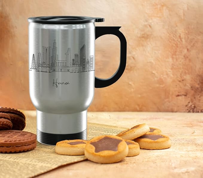 Hanoi Skyline Steel Mug, Asia Skyline 14oz Travel Mug with Handle & Lid Custom Travel Tumblers, Gift For Birthday, Spill Resistant Tumblers for Women, Personalized Tumbler