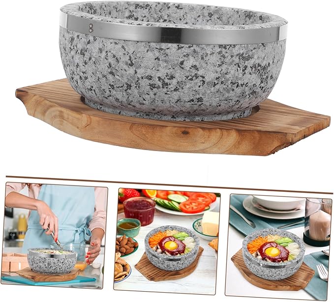Korean Pot Stone Bowl Heat Retaining Bowl Bibimbap Tray Korean Cuisine Wood Base