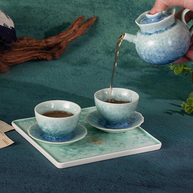 KAMMAK Tea Set for Adults Porcelain Tea Pot and Tea Cups Set, Blue and Green Gradient Japanese Ceramic Tea Cups and Saucers Set, Chinese Gong Fu Tea Set (2 Saucer+ 2 Cups +1 Tea Pot + 1 Square Plate)