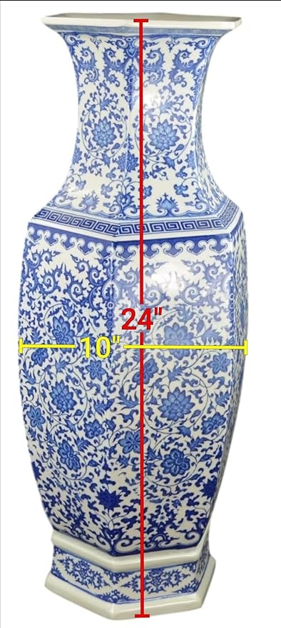 24" Classic Blue and White Hexagonal Lotus Porcelain Vase, Ceramic Vase Jingdezhen, China Qing Style （D8）