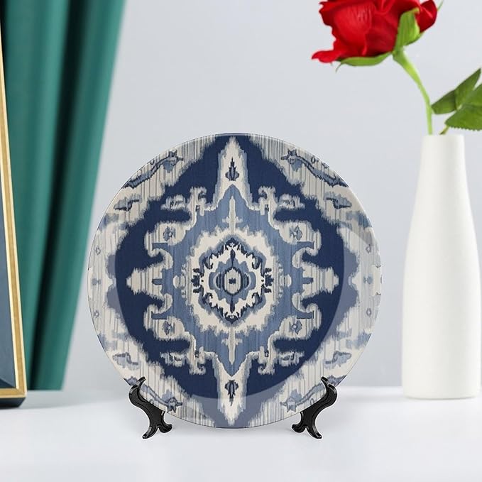 Navy Blue Grey Ikat Plates Ceramic of 6", 7", 9", 10", Custom Wall Decorative Plate, Household Festival Decorations Farmhouse, Including Bracket And Special Hook