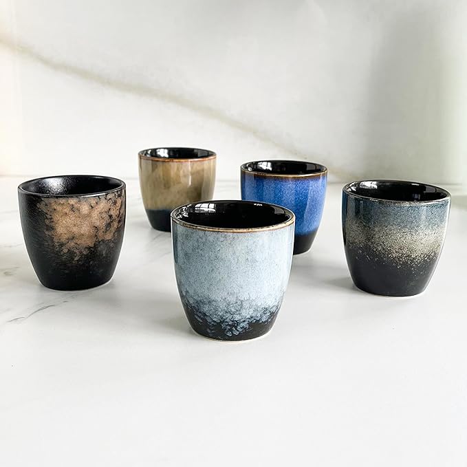 Rubdub Ceramic Japanese Tea Cup, 5.07oz/ 150 ml Chinese Tea Cup, Tea Cups no Handles, Teacup in Gift Box, Ceramic Mate Cup Set of 5