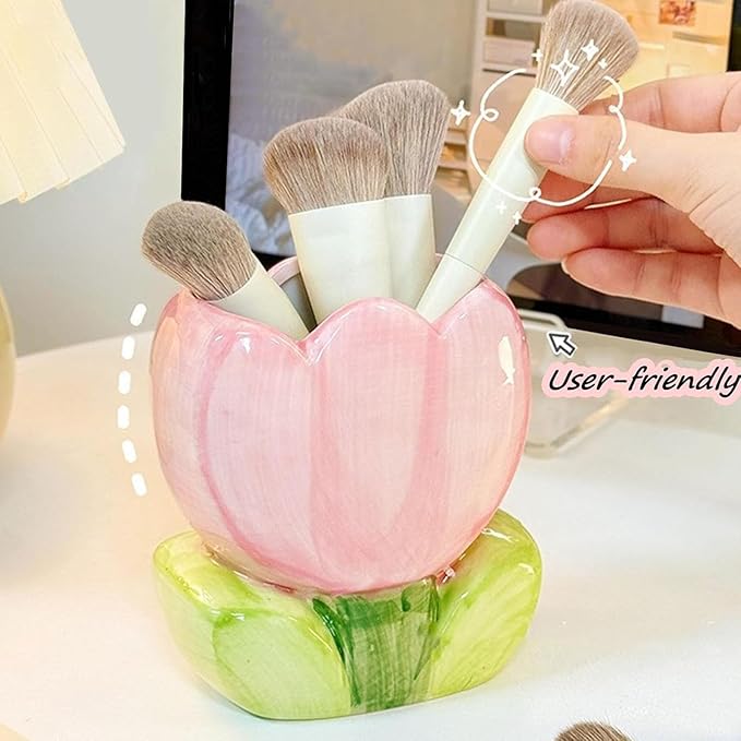 1 PC Ceramic Tulip Make up Brush Holder Flower Toothbrush Holder Cosmetic Storage Box Pen and Pencil Holder Desktop Organizers (Pink)