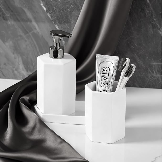 Silver Soap Dispenser Pump Ceramic Bathroom Accessories Complete with Soap Dispenser, Toothbrush Holder, Bathroom Tumbler, and Vanity Tray - Modern Bathroom Decor,3PCS