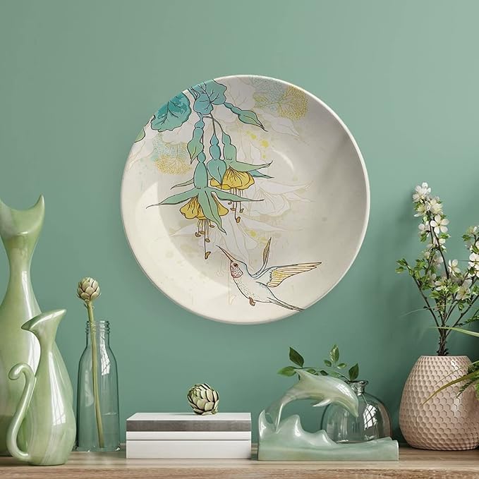 8 Inch Decorative Plate, Hummingbird Ceramic Stoneware, Hummingbird and Tropical Flowers Summertime Print Ceramic Wall Hanging for Fine Dining For Upscale Events, Dinner Parties, Weddings, Catering