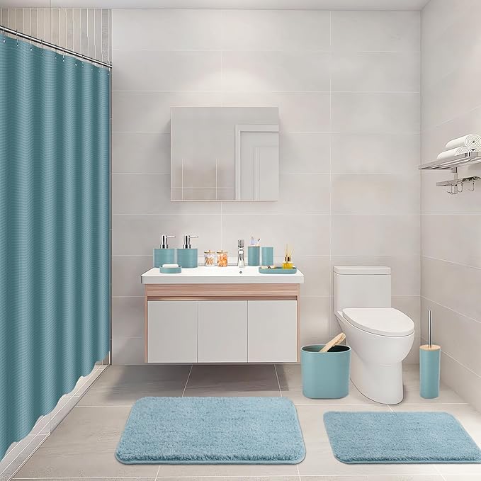 Bathroom Set - Light Blue Bathroom Accessories Set, Bathroom Sets with Shower Curtain and Rugs, 25PC Shower Curtain Set with Hooks, Soap Dispenser, Soap Dish, Toilet Brush Holder and Trash Can