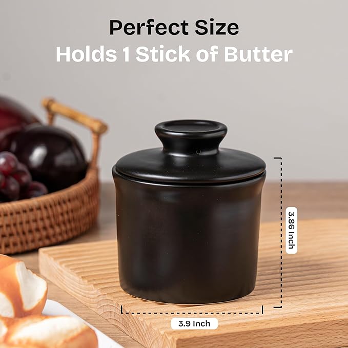 Stoneware Butter Crock with Lid, Ceramic Butter Dish with Water Line, Countertop Butter Keeper, Butter Holder for Countertop, Black