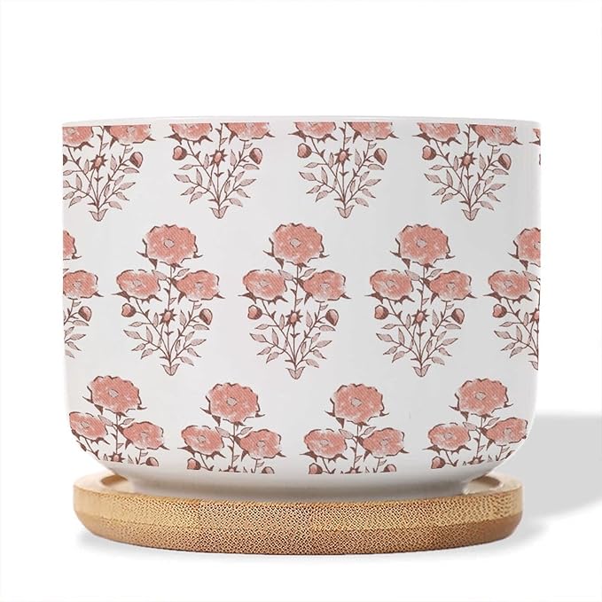 Set of 5 Watercolor Chinoiserie Floral Small Pots for Succulents Coral Orange Flower Ceramics Plant Pot with Drainage Bamboo Trays Asian Scenery Chinoiserie Cactus Pot