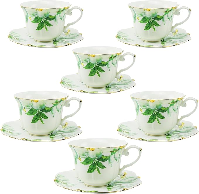 TATSUMI Country Roses 18 Peices Bone China Tea Cup And Saucer Set, English Vintage Tea Cups Of 6 For Women And Tea Party Sets(Green, 6 sets)