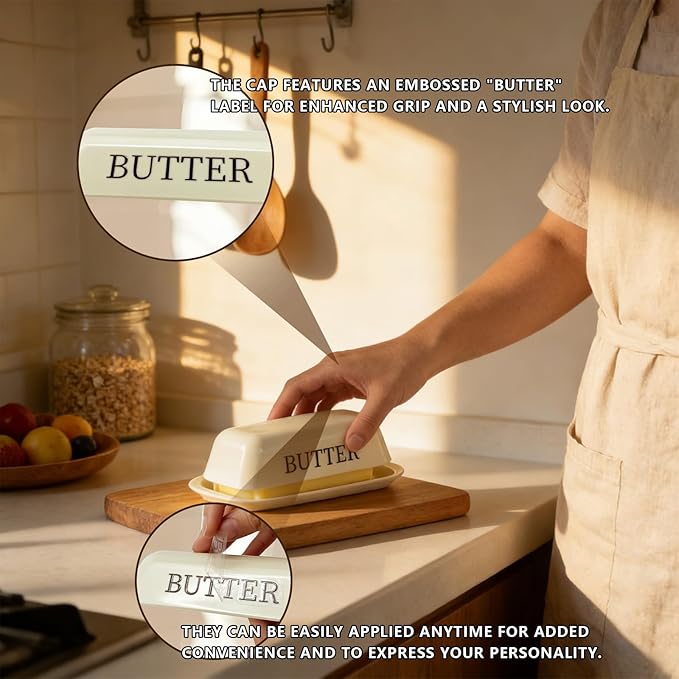 BPA-Free Melamine Butter Dish with Lid & Stainless Steel Knife - Farmhouse Butter Keeper for Countertop & Refrigerator, Dishwasher Safe, Holds 1 Stick with East & West Coast Butter-Cream