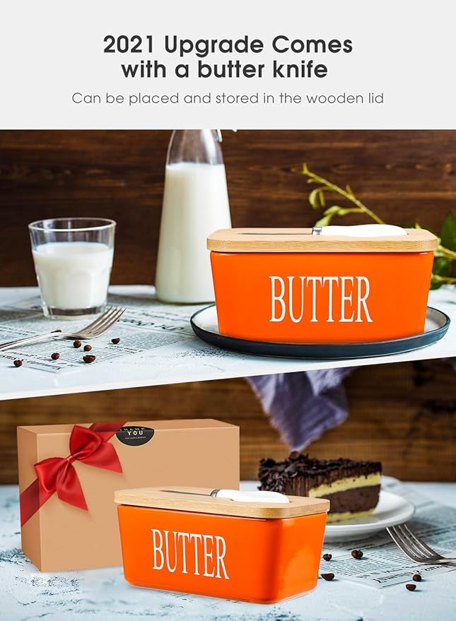 Butter Dish with Lid: Large Butter Dish for Countertop - Ceramic Butter Keeper Container with Knife and High Quality - Silicone Sealing Butter Box for Home Decor Good Kitchen Gift Orange