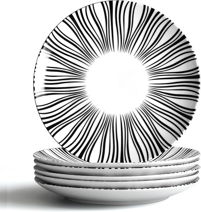 10" Black and White Striped Ceramic Plates Set of 6, Zebra Pattern Dinner Plates Set, Minimalist Porcelain Dish Set, Microwave, Oven & Dishwasher Safe