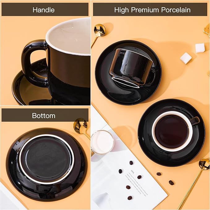 8oz Cappuccino Cups Set of 4, Ceramic Coffee Cups and Saucers Set with Spoons, Black Durable Coffee Cups for Cappuccino Espresso Latte Mocha Au Lait Macchiato Cafe