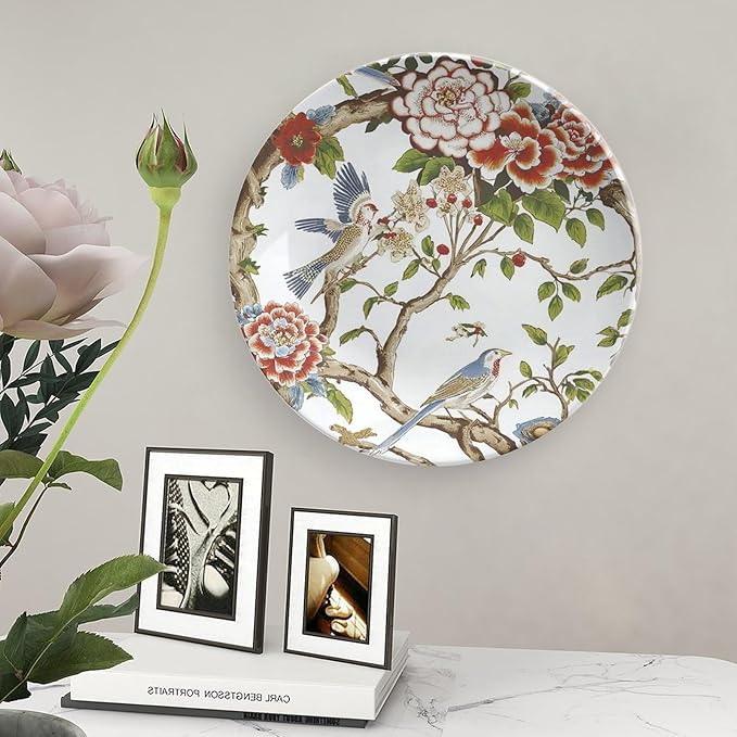 Chinoiserie Tree Peony Bird Floral Fashion Plates, Custom Coral Turquois Flowers And Birds Ceramic Craft for Decorative Ornaments, Display Farmhouse Decorations Wedding, with Vertical Stand