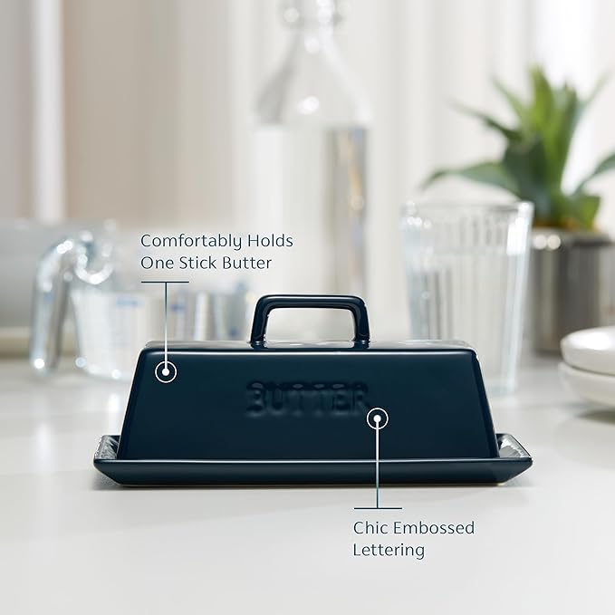 Butter Dish with Lid for Countertop, by Kook, Ceramic Dish Tray with Cover, Kitchen Keeper, Container, Holder (Navy)