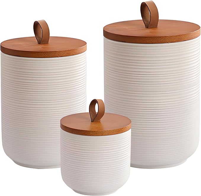 Ceramic Canister Set with Airtight Seal Lid, Kitchen Canisters for Countertop, White Canisters Sets for Flour, Coffee, Bean, Sugar, Tea, Spices and More, Home Decor (Set of 3)