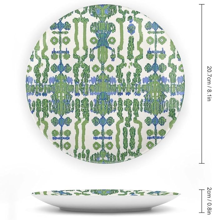 Green And Blue Ikat Plates Ceramic of 6", 7", 9", 10", Personalized Geometry Ikat Exotic Design Collector Plates, Display Farmhouse Decorations Table, 1 Plate with 1 Display Stand