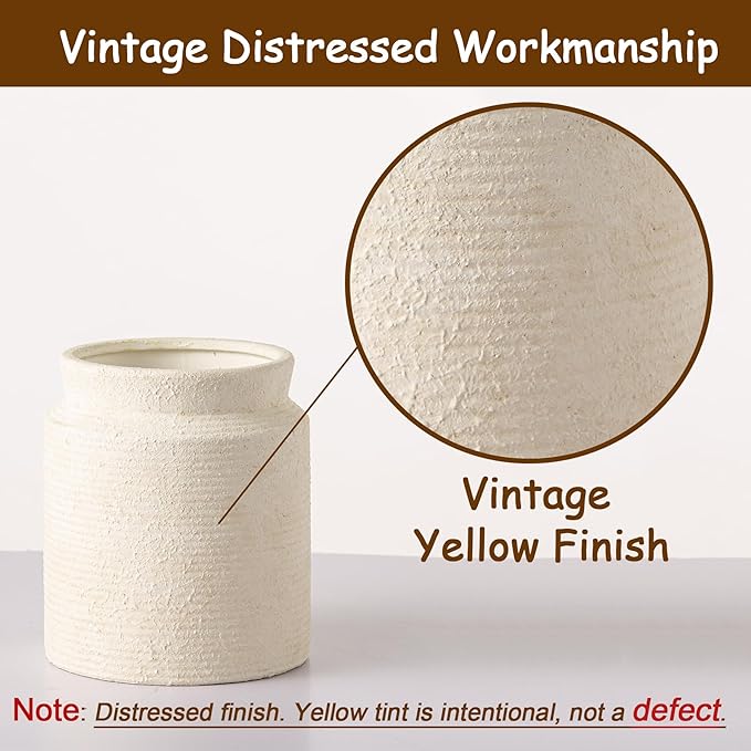 Ceramic Flower Vase 7.5 inch Farmhouse Rustic Vase for Home Decor Handcrafted Pottery Terracotta Vases for Dining Table Decor Fireplace Living Room Bathroom Wedding Centerpiece (M-Off White)