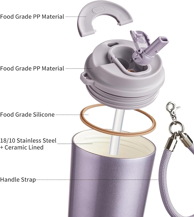 TKK Coffee Cup with Ceramic Coating - 14oz Insulated Stainless Steel Travel Mug, Leak-Proof Tumblers with Straw for Hot/Cold Beverages, Easy Wide Mouth Cleaning, Purple