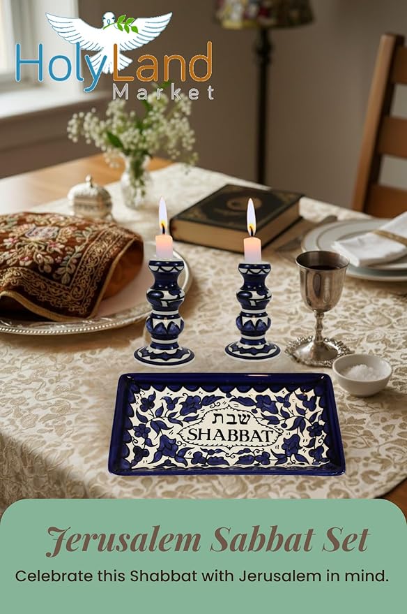 Holy Land Market Shabbat Candlesticks Set - Colorful Ceramic Shabbat Candle Holders Set with Matching Plate for Holidays, Blue