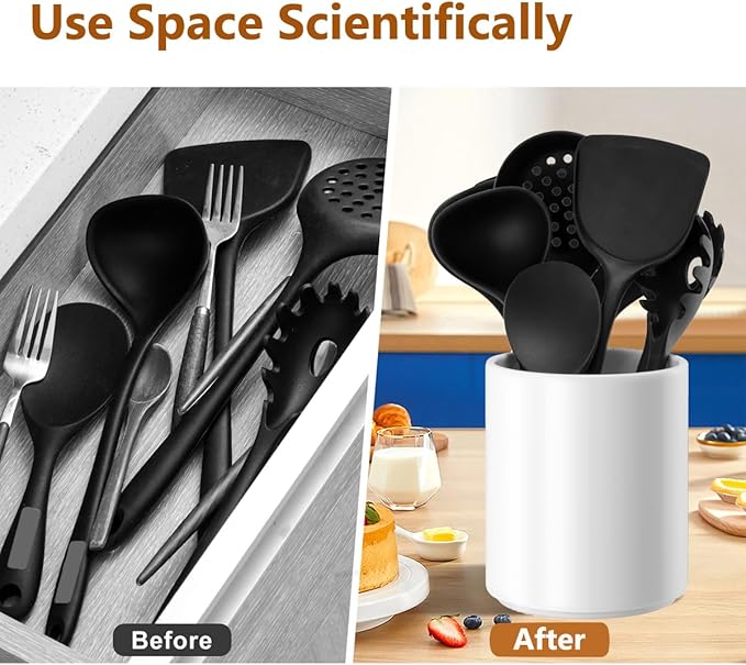 Utensil Holder Kitchen Utensil Holder for Countertop, Ceramic Cooking Utensil Holder for Kitchen Counter, Large Modern Spatula Holder Utensil Organizer Kitchen Decor, 6.5”H x 5.5”D White