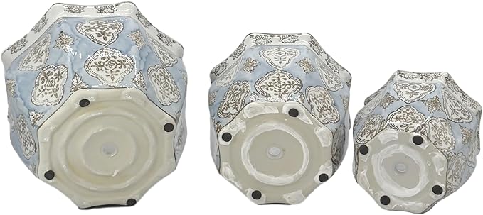 Galt International Light Blue & White Round Fluted Floral Porcelain Ceramic Plant Flower Planter Pot Set of 3 (7.5", 10", 13") Garden Pots Chinese Asian Design